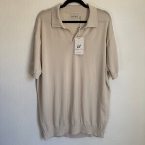 NWT Collars & Co Premium Cotton Silk Knit Polo Shirt in Cream Short Sleeves